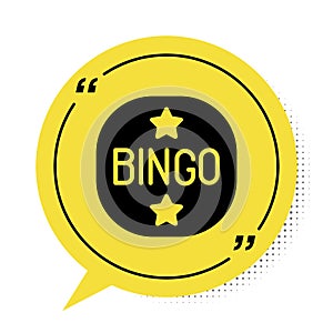 Black Bingo icon isolated on white background. Lottery tickets for american bingo game. Yellow speech bubble symbol