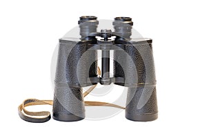 Black binocular isolated on a white background, side view. Equipment for hunters, travelers, explorers and discoverers