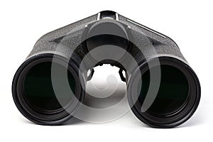 Black binoculars isolated on white background. Focus stacking. Extreme depth of field.