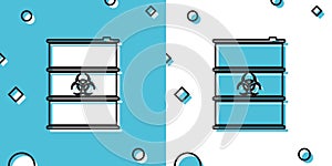 Black Biological hazard or biohazard barrel icon isolated on blue and white background. Radioactive garbage emissions