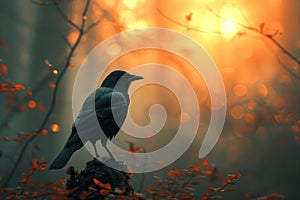 black bird in the dawn forest