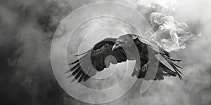 A black bird flies through a cloudy sky, offering a glimpse of freedom and nature