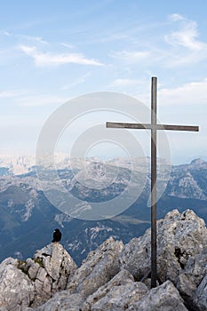 Black bird sitting next to a cross on top of a mountain