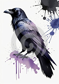 A Black Bird Sitting On Top Of A Purple And Black Paint Spied. Generative AI