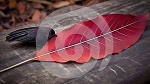a black bird sitting on top of a red leaf on a table