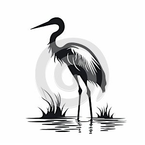 Black-and-white Graphic Illustration Of Crane In Water photo