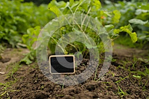 Black blank billboard against green field landscape. Empty mockup template. Blackboard label at farm land.