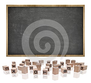 Black blank blackboard with wooden frame and block