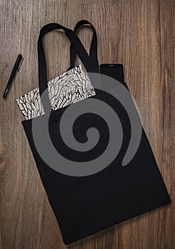 Black blank cotton eco tote bag, design mockup.