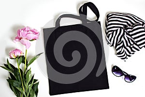 Black blank cotton eco tote bag, design mockup.