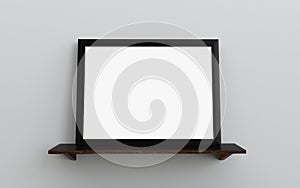 Black blank photo frame on a wood shelf white wall 3d render