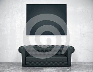 Black blank picture frame on the concrete wall and leather sofa, mock up