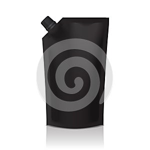 Black blank plastic doypack stand up pouch with spout. Flexible packaging mock up for food or drink