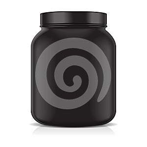 Black Blank Plastic Jar isolated on white background. Sport Nutrition, Whey Protein or Gainer