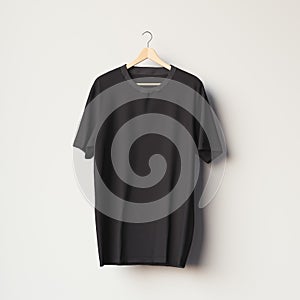 Black blank t-shirt on a wooden hanger. 3d rendering