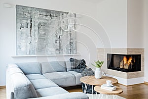 Black blanket thrown on grey corner lounge in white living room interior with fireplace, fresh tulips in vase and big modern pain photo