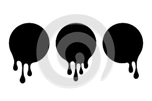 Black blobs set. Drip drops, round spots, splash shapes, ink paint leak or circle liquid black stains isolated collection.