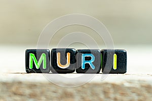 Black block with muri word on wood background