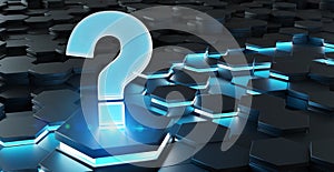 Black and blue question icon on hexagons background 3D rendering