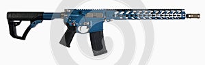 Black & Blue AR15 rifle with SS accents isolated on white background. photo