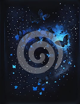 Black Blue Butterfly in Starry Night - AI Generated
