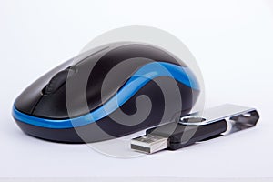 Black blue computer mouse with an usb stick