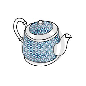 Black and blue hand drawing illustration of a clay kettle with hot water for tea or coffee isolated on a white background