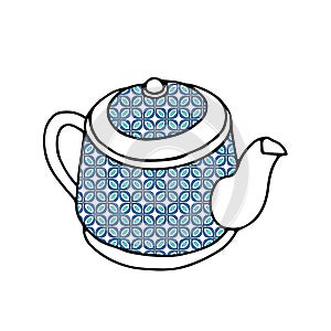 Black and blue hand drawing illustration of a clay kettle with hot water for tea or coffee isolated on a white background