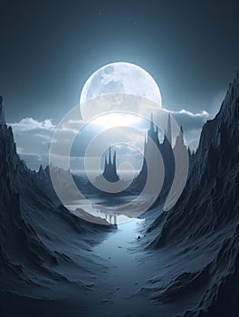 Black and blue image of the full moon among the rocks on an unknown planet. AI generated