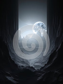 Black and blue image of the full moon among the rocks on an unknown planet. AI generated