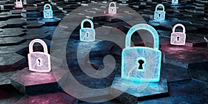 Black blue and pink padlock icon on hexagons background 3D rendering