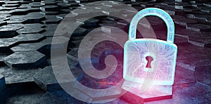 Black blue and pink padlock icon on hexagons background 3D rendering