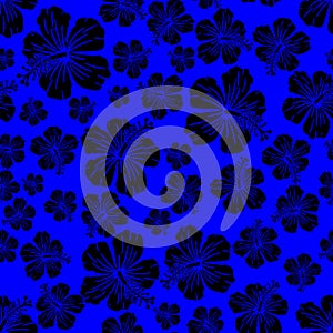 Black on blue random hibiscus flower seamless repeat pattern background