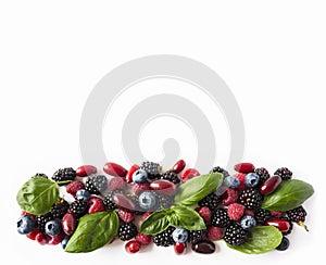 Black-blue and red berries isolated on white. Ripe blackberries, blueberries, raspberries, cornels and basil leaves on white backg