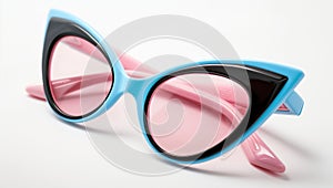 Black and blue retro cat eye sunglasses with pink frames on a white background, in a closeup view