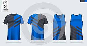 Black - Blue T-shirt sport, Soccer jersey, football kit, basketball uniform, tank top, and running singlet mockup.