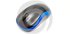 Black/Blue wireless or Bluetooth computer mouse on white background