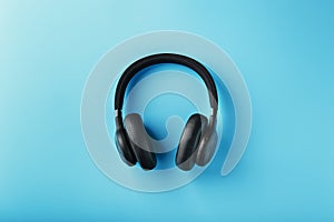 Black bluetooth headphones on a blue background top view. In-Ear Headphones for DJs