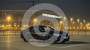 Black BMW 4 series coupe in an empty parking lot in front of sports hall at night