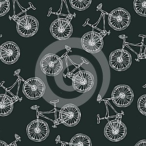 Black Board Background. Seamless Pattern of Bicycles. Endless Bike Background. Realistic Hand Drawn Illustration. Savoyar Doodle S