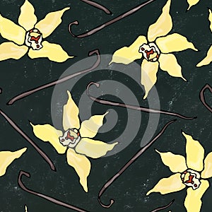 Black Board Background. Vanilla Stick and Flower Seamless Endless Pattern. Vanilla Pod and Blossom Seasonal Background. Spice and