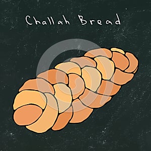 Black Board Background. Zopf or Challah Bread. Jewish or Swiss, Austrian or Bavarian Bakery. Realistic Hand Drawn