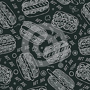 Black Board. Hot Dog and Lettering Seamless Endless Pattern. Many. Restaurant or Cafe Menu Background. Street Fast Food Collection