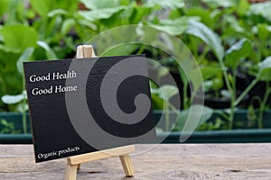 Black board on wooden plank  for advertistment  organic vegtable plant proucts,health food and living
