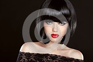 Black bob hair. Fashion model girl face. Brunette woman with red