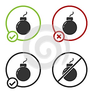 Black Bomb ready to explode icon isolated on white background. Circle button. Vector