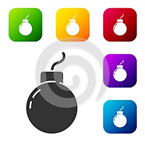 Black Bomb ready to explode icon isolated on white background. Set icons in color square buttons. Vector