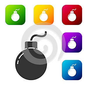 Black Bomb ready to explode icon isolated on white background. Set icons in color square buttons. Vector Illustration