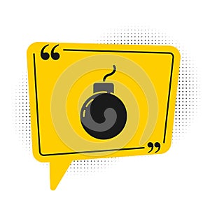 Black Bomb ready to explode icon isolated on white background. Yellow speech bubble symbol. Vector