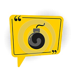 Black Bomb ready to explode icon isolated on white background. Yellow speech bubble symbol. Vector Illustration